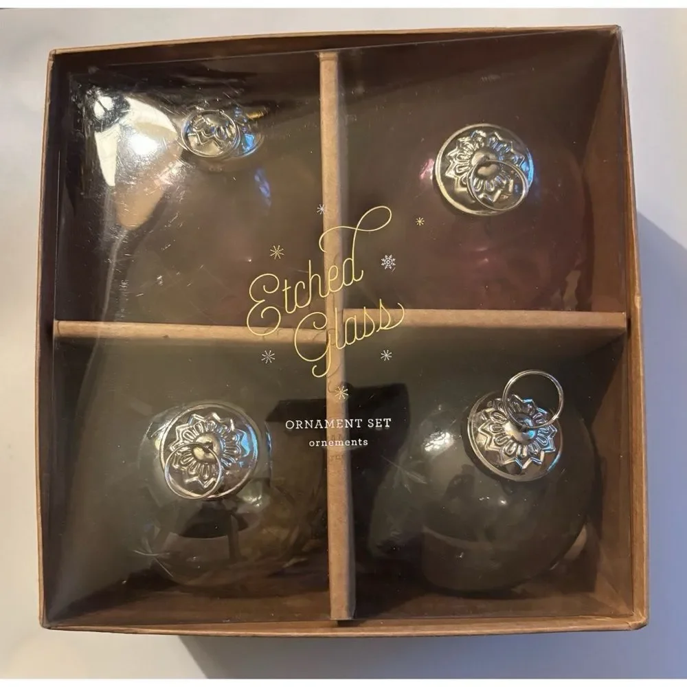 Vintage Pottery Barn Etched Glass Large Holiday Ornaments Set of 4